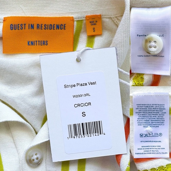 Guest In Residence Stripe Plaza Vest Cotton Knit Cream Citron Orange Small NWT - Picture 4 of 7